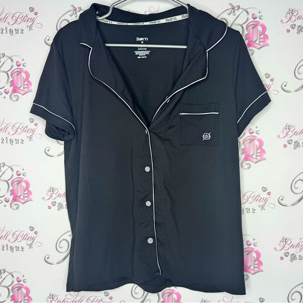 BORN shirt button up sleep night time tshirt style black white trim soft buttery